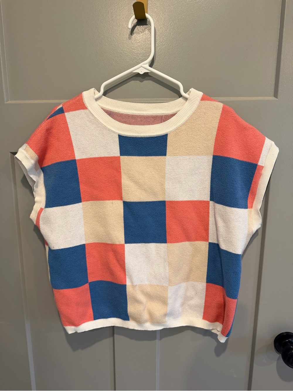 Colorblock Checkered Knit Top - Coral, Blue, Cream, White